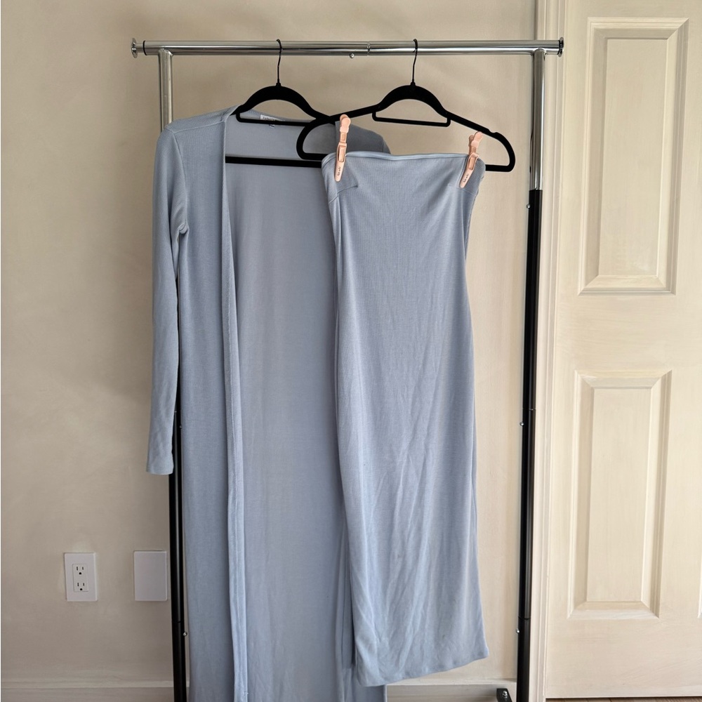 Fashion Nova Light Blue Strapless Maxi Dress with Matching Long Duster